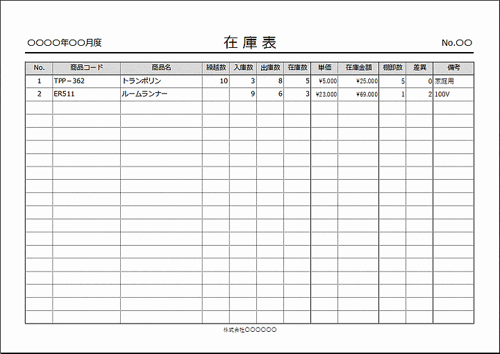 Excelで作成した在庫表2