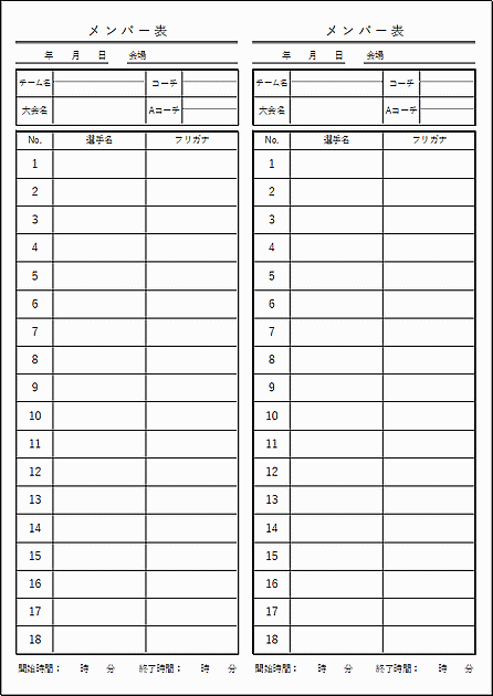 Excelで作成したバスケのメンバー表