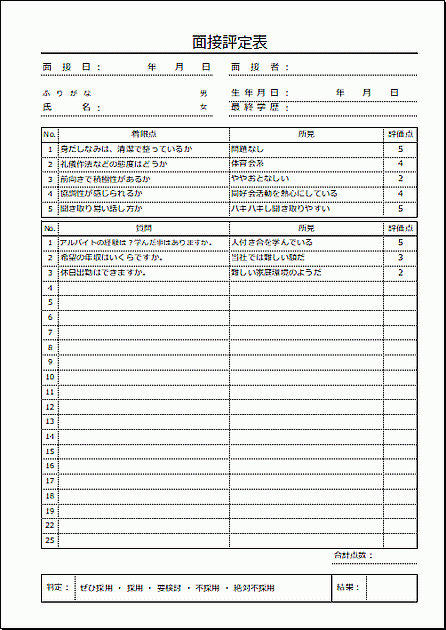 Excelで作成した面接評定表（着眼点と質問）
