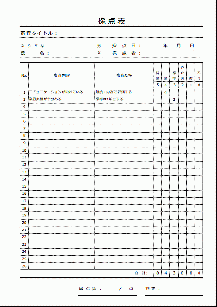 Excelで作成した採点表