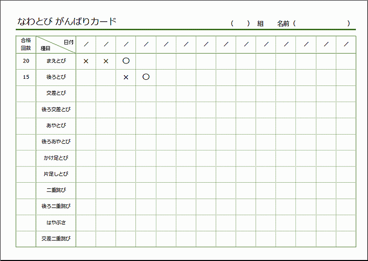 Excelで作成した縄跳び がんばりカード（合格・不合格を記入）