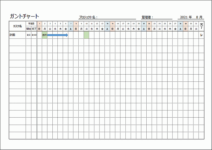 Excelで作成したガントチャート（1ヶ月）