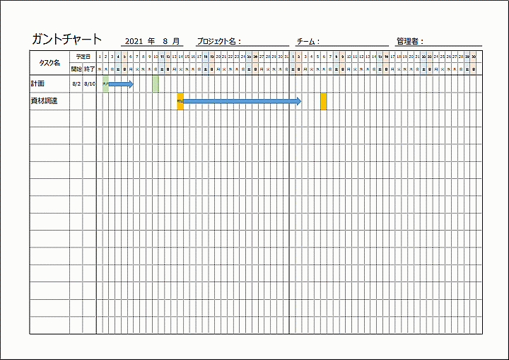 Excelで作成したガントチャート（2ヶ月）