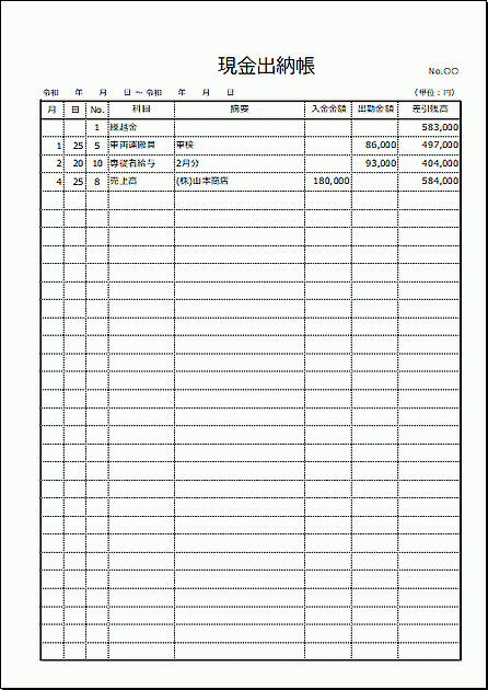 Excelで作成した現金出納帳（VLOOKUP使用）