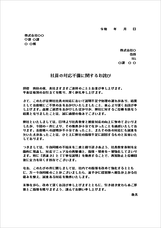 社員の対応不備に関するお詫び状テンプレート