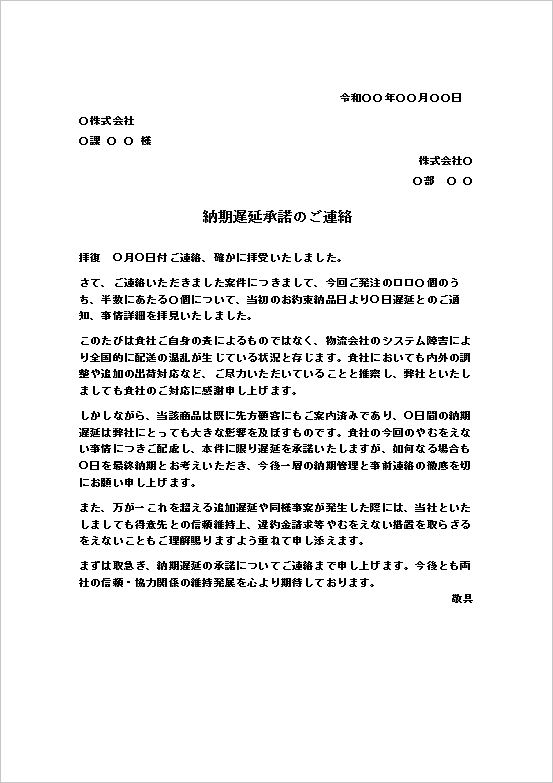 物流障害による部分納期遅延の承諾文書