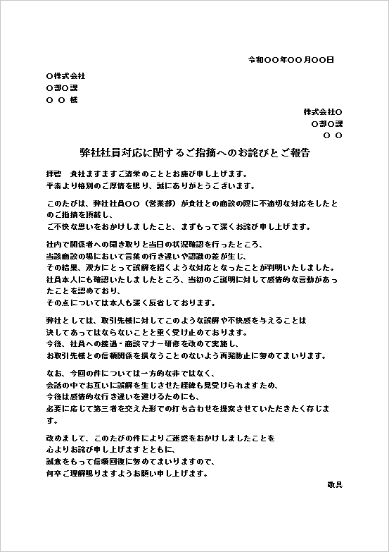 誠意ある謝罪文の当社社員の抗議に対する対応文のテンプレート