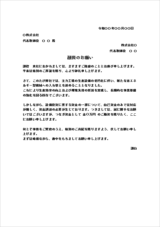 設備更新資金の融資依頼状テンプレート