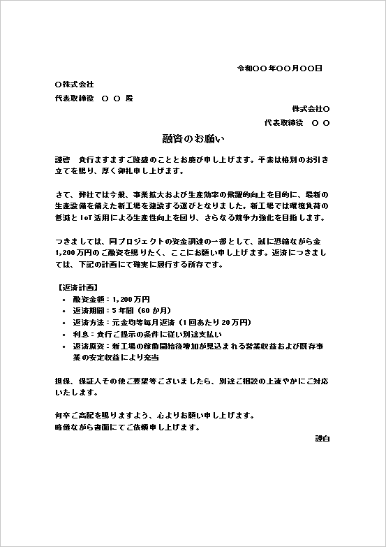 新工場建設資金の融資依頼状テンプレート