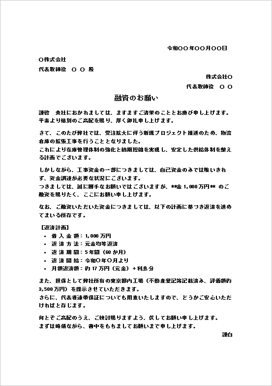 倉庫拡張工事資金の融資依頼状テンプレート